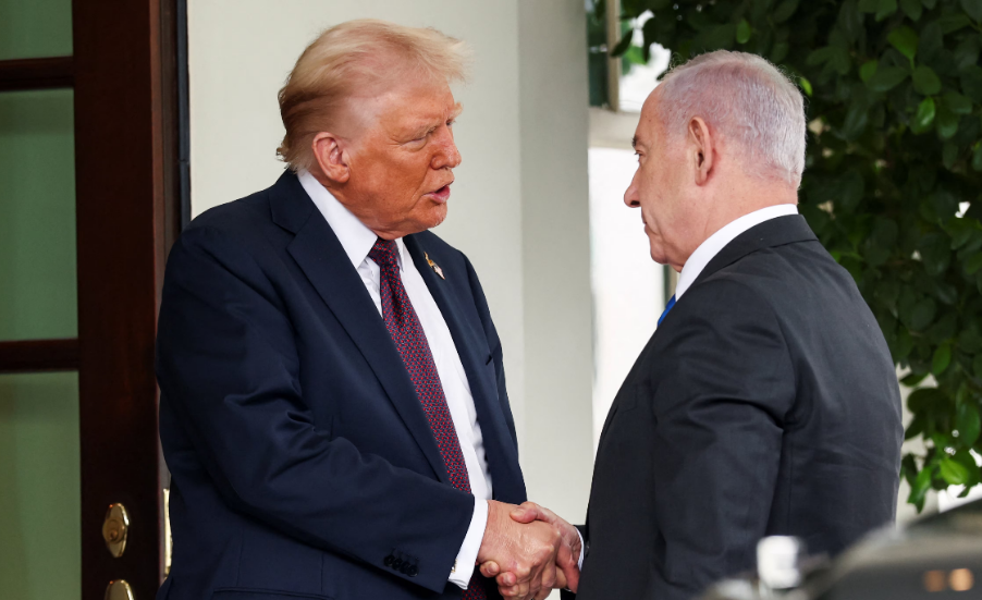 Trump shakes hands with Netanyahu at the White House in Washington, D.C.