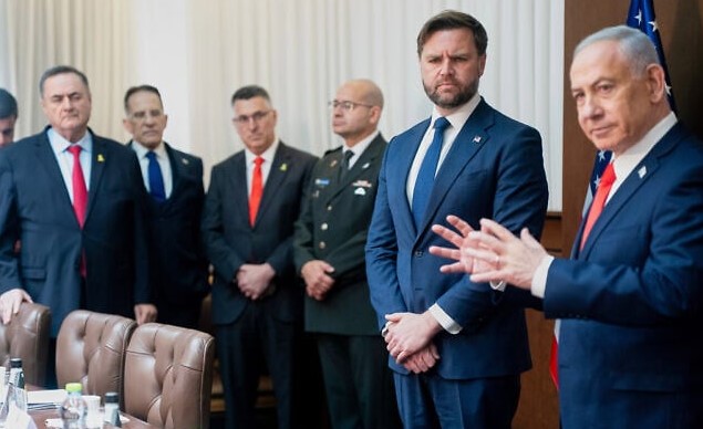 US Vice President JD Vance, second right, listens as Prime Minister Benjamin Netanyahu speaks during a meeting at the Prime Minister's Office in Jerusalem, Israel, on Oct. 22, 2025