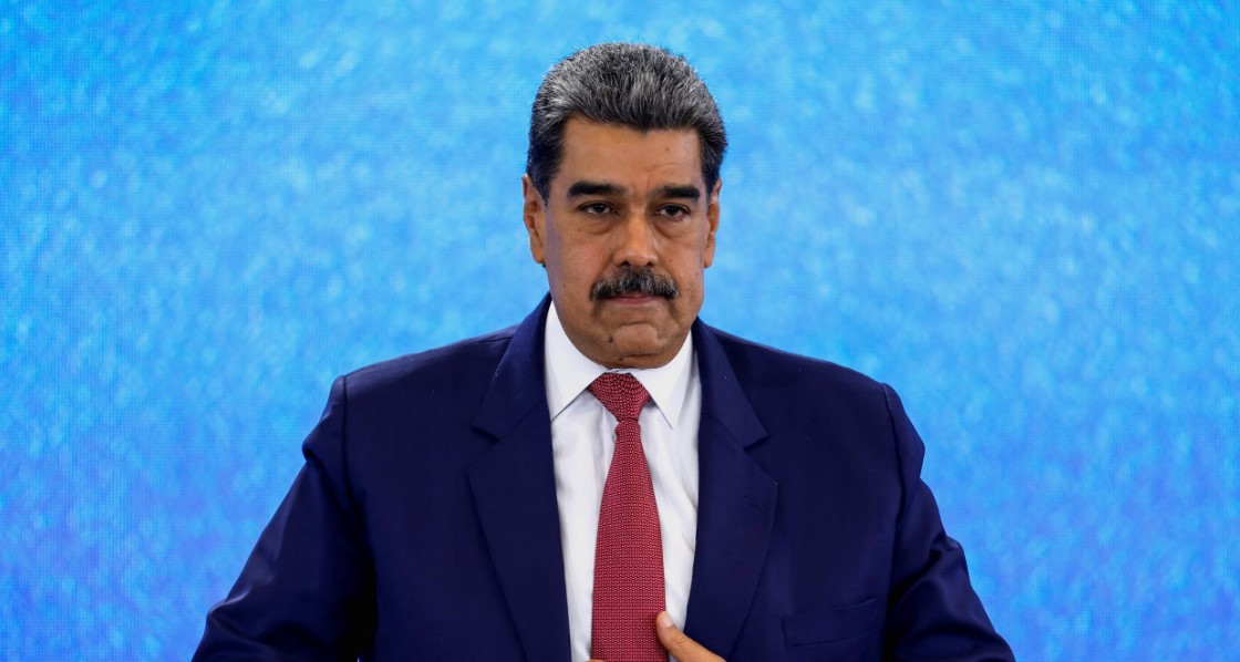 Venezuela's President Nicolas Maduro stands up at the end of a press conference, days after he said Venezuela would deploy military, police and civilian defenses at 284 "battlefront" locations across the country, amid heightened tensions with the U.S., in Caracas, Venezuela, September 15, 2025.