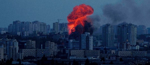 Explosion is seen after Russian air strike on Kyiv, Ukraine, on Friday June 6 2025