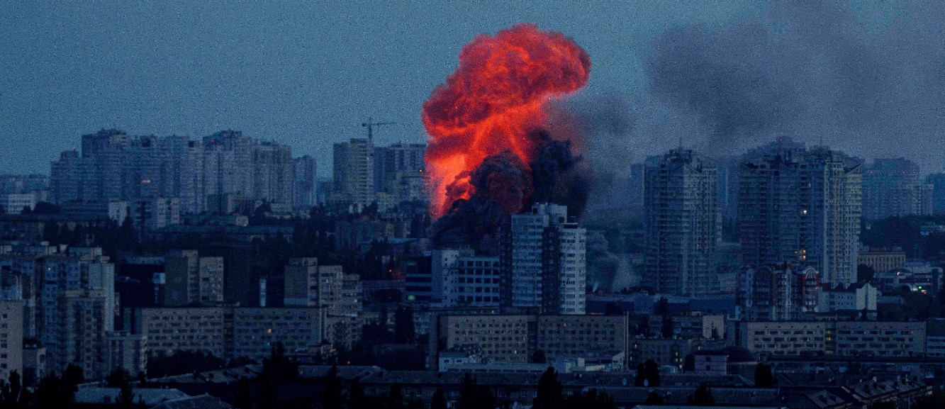 Explosion is seen after Russian air strike on Kyiv, Ukraine, on Friday June 6 2025