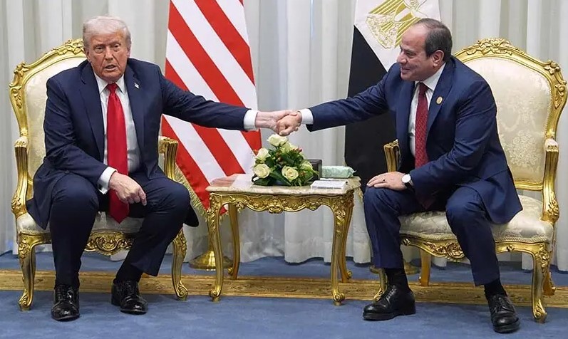 US President Donald Trump holds a meeting with Egyptian President Abdel Fattah al-Sisi during a summit on Gaza in Sharm el-Sheikh, Egypt on October 13