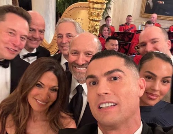 Cristiano Ronaldo took a selfie from a White House dinner hosted by Donald Trump - left to right: Elon Musk, Gianni Infantino, David Sacks, Allison Lutnick, Howard Lutnick, Ronaldo, Georgina Rodriguez, Greg Brockman