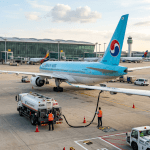 Korean Air airplane refueling on airport tarmac with two workers operating fuel truck