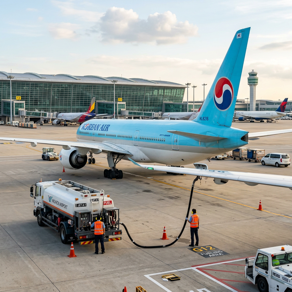 Korean Air airplane refueling on airport tarmac with two workers operating fuel truck