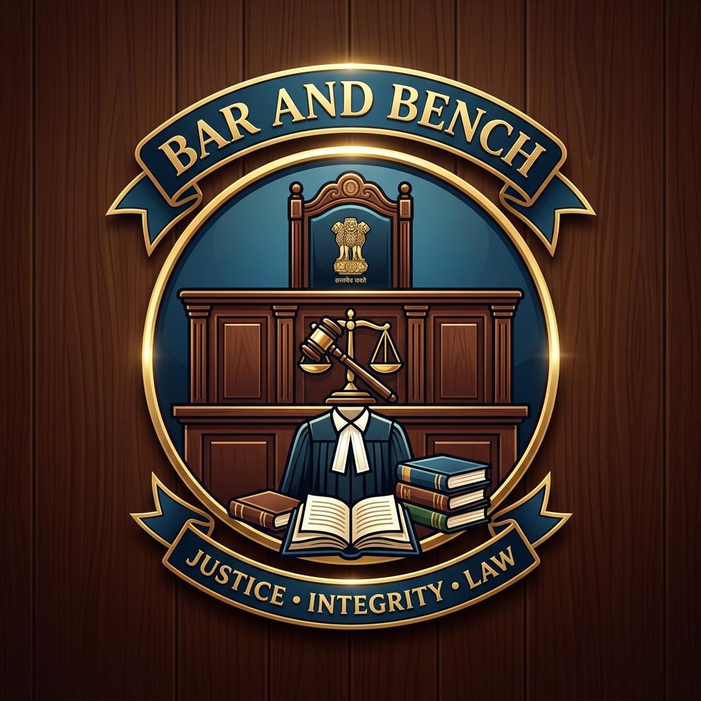 Emblem with courtroom bench, judge's robe, gavel, scales of justice, and law books