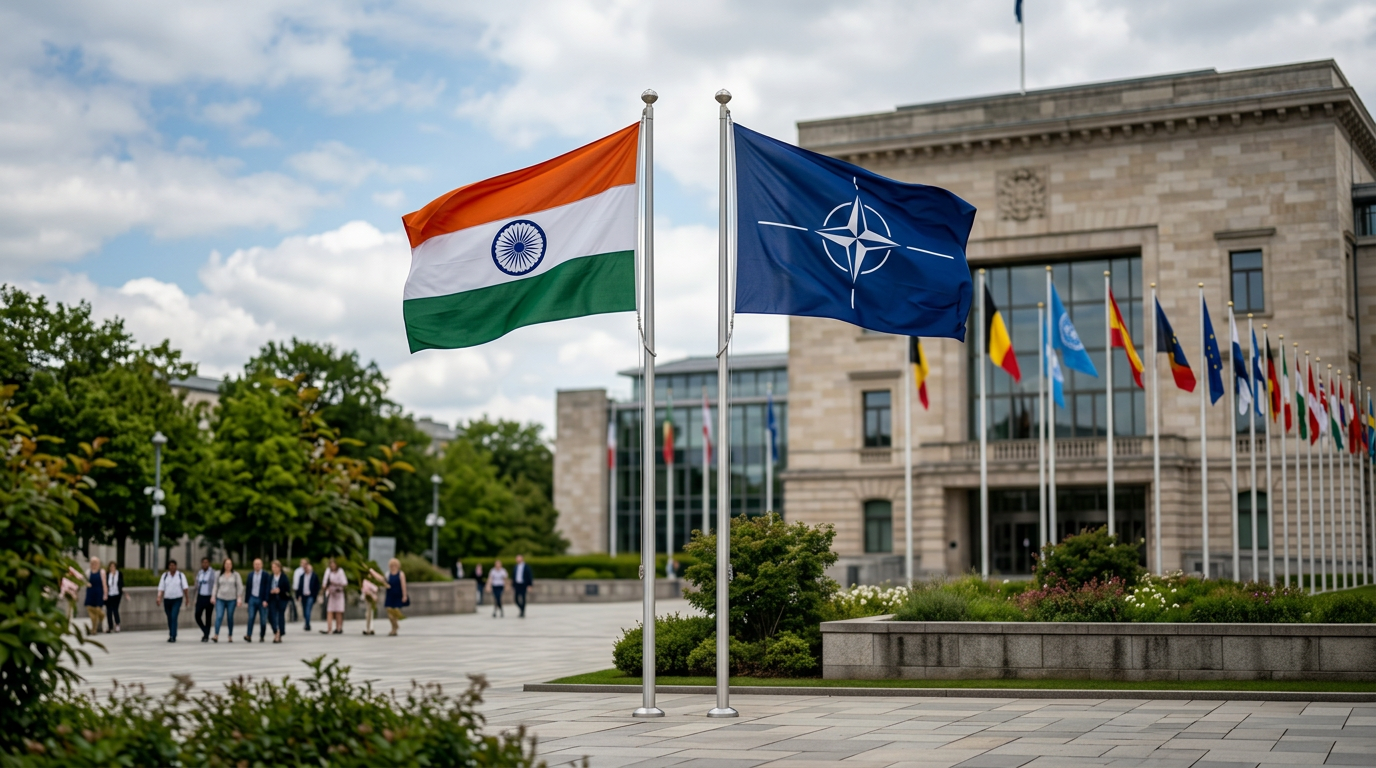 Indian flag and NATO flag flying on flagpoles in front of a building